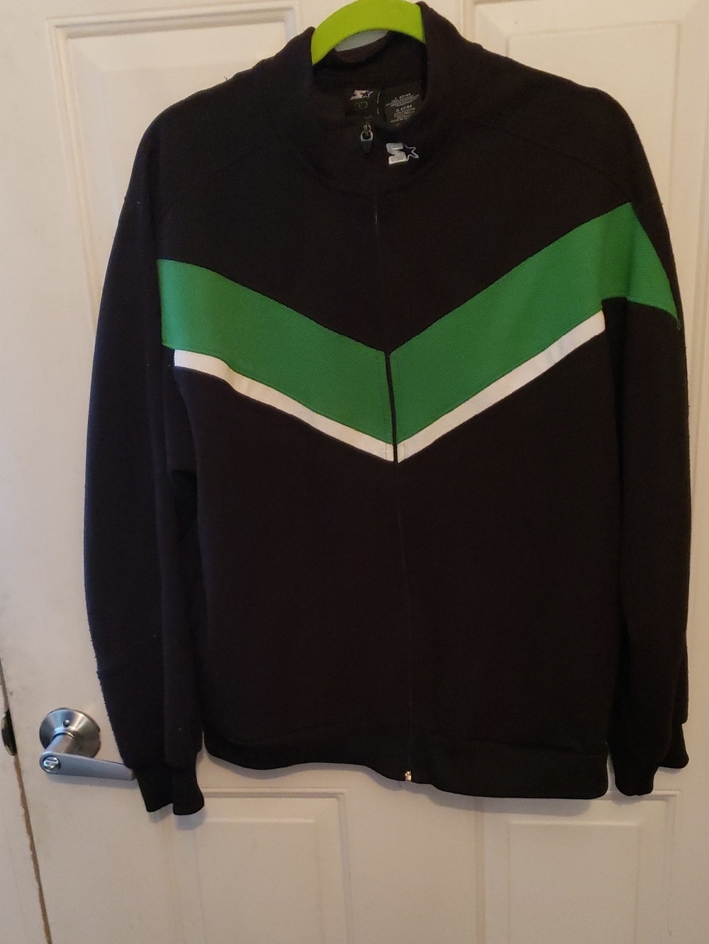 STARTER Black Zip-Up Light Weight Sweatshirt with Green & White Chevron